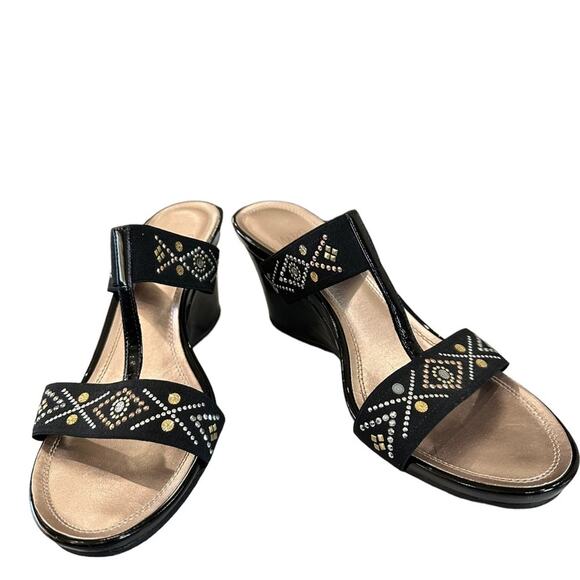 IMPO Aztec slip on mules  slides wedged black faux patent size 11 - Picture 1 of 7